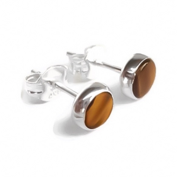 925 Sterling Silver 5MM Genuine Tiger’s Eye Bezel Set Gemstone Stud Earrings - Picture 4 of 8